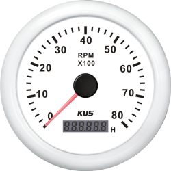 Kus omdr.tæller benzin 0-8000 1.-10p m/timet.hvid 12/24v ø85